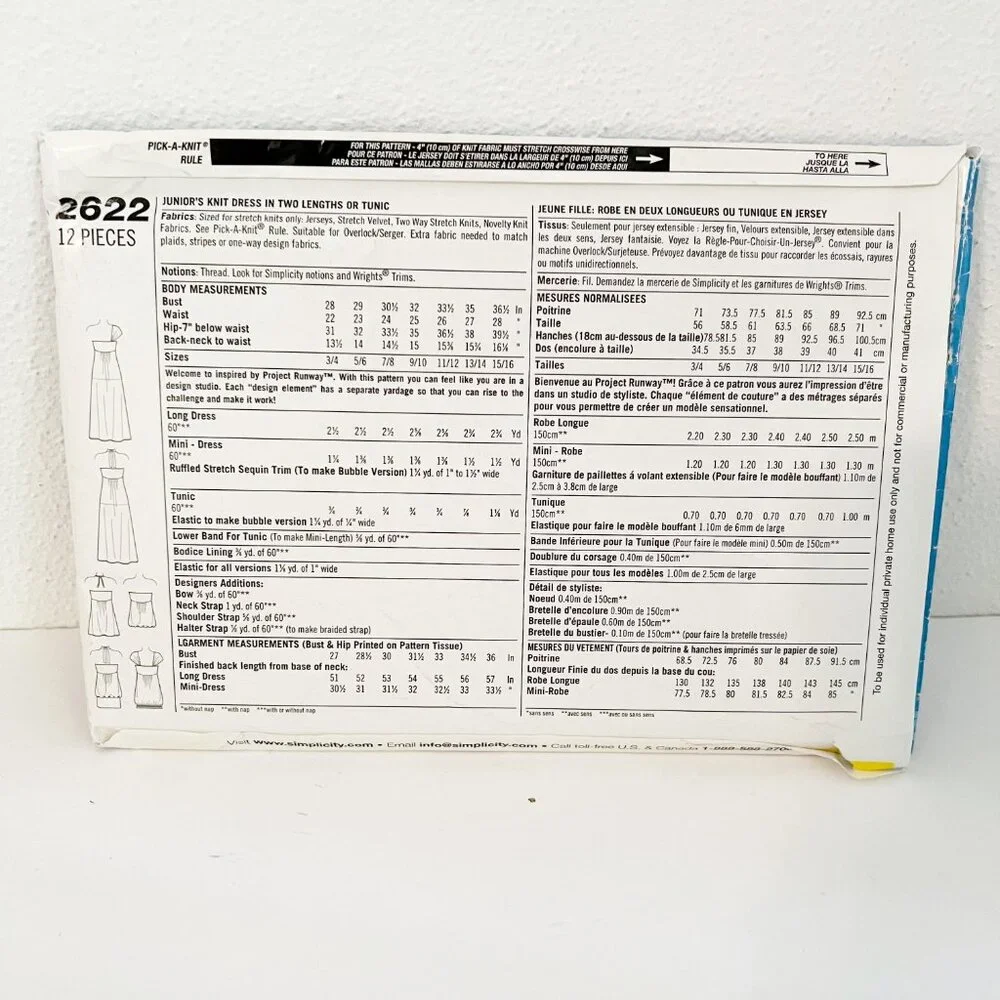 Simplicity Project Runway Sewing Pattern 2622